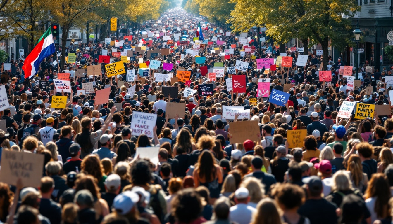 des milliers de manifestants se rassemblent au vermont pour contester la visite du vice-président jd vance, exprimant leurs préoccupations sur les enjeux politiques actuels et l'impact de sa présence. une mobilisation citoyenne forte qui illustre l'engagement des habitants face aux décisions gouvernementales.